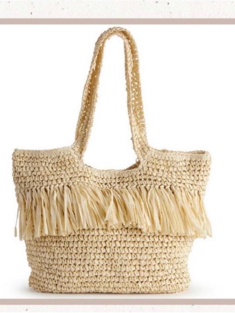 Woven Crochet Fringe Tote Bag Purse in Natural Cream Fully Lined